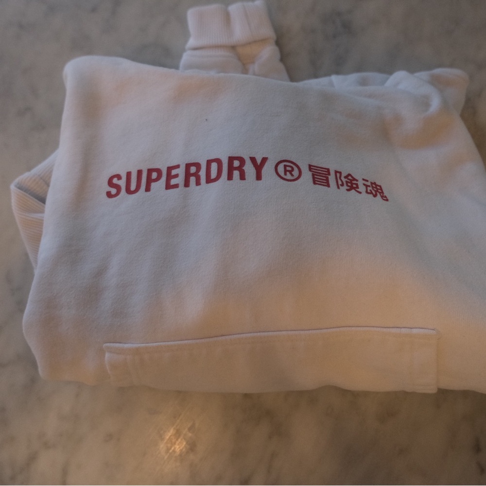 Superdry White Cropped Hoodie with Red Accents